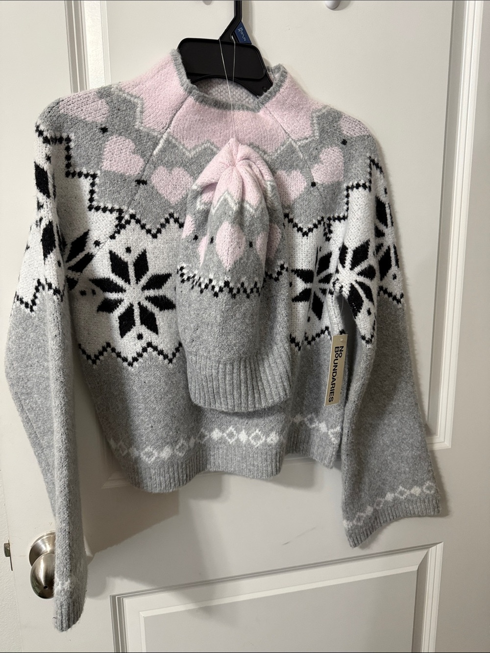 Cozy Fair Isle Knit Sweater with Matching Beanie - Pink & Gray